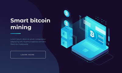 Cryptocurrency and blockchain. Bitcoin mining farm. Creating digital currency. Concept for landing page, web design, banner and presentation. 3d isometric flat design. Vector illustration.