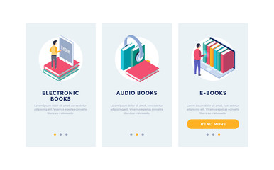 Modern interface for e-books. UI, UX and GUI Screens. Template for smartphone or Mobile Apps. Electronic or audio books. Isometric design.