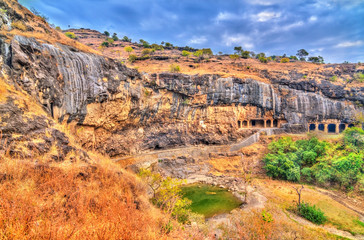 Waghora Waterfalls at Ellora Caves in the dry season. India