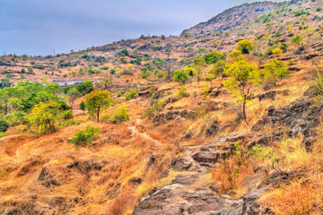 Typical landscape at Ellora Caves in the dry season. India