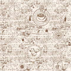 Vector seamless pattern on the coffee theme with a various coffee symbols, blots and inscriptions on a background of old manuscript in retro style. Can be used as wallpaper or wrapping paper