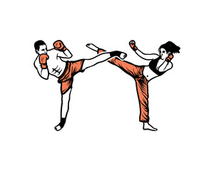 Women and Man do High Kick on the Kickboxing Extreme Sports Hand Drawing Sign Symbol Logo Vector