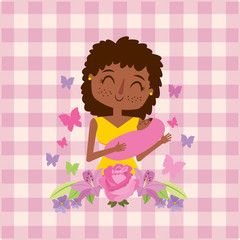 mom holding baby in her arms flowers butterflies and checkered background - mothers day vector illustration