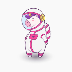 Cute cartoon unicorn cosmonaut. Vector illustration. Funny unicorn in space suit