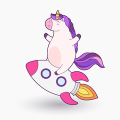 Cute cartoon unicorn. Vector illustration. Merry unicorn smiles on the rocket