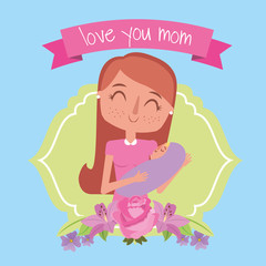 cute happy mom holding her baby label flowers - mothers day vector illustration