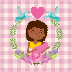 cute happy mom holding her baby label flowers birds checkered background - mothers day vector illustration