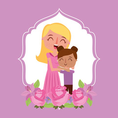 happy mom and daughter together flowers decoration - mothers day vector illustration
