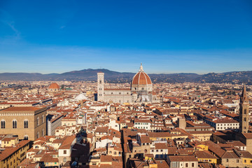 Obraz premium Cathedral of Santa Maria del Fiore, view from the Piazza della Signoria over the rooftops, Florence, Tuscany, Italy