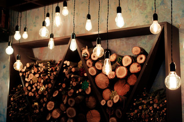 old small logs in the form of decor and lamps of Edison