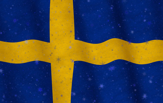 Illustration of a Swedish flag with snowflakes scattered around