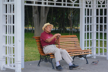 Sad old latin man wearing hat in the summer park.