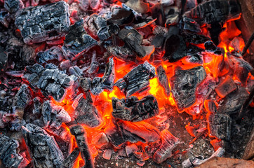 Burning Coals. Background. Close-Up.