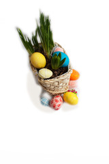 Hyacinth, daffodils and Easter eggs, wicker basket. Isolate on white.