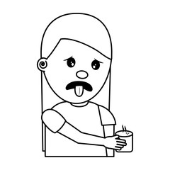 portrait young woman holding in hand beverage unpleasant vector illustration thin line image