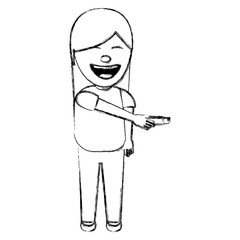 smiling woman holding object for a joke vector illustration sketch image