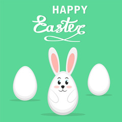 Easter rabbit and eggs on green background, Happy Easter greeting card, stock vector illustration