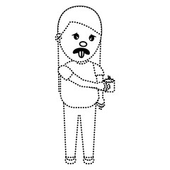 woman with tongue out holding up smells nasty vector illustration dotted line image