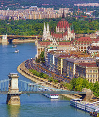 Budapest city view of Chain Bridge and the Parliament building. Hungary