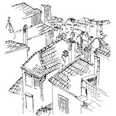 Black and white vector sketch of old Porto, street view. Tile roofs. Isolated illustration