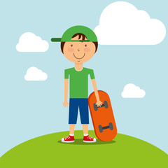 funny little boy with skateboard in field vector illustration