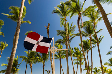 The flag of the Dominican republic fluttering in the wind, amongst the palm trees and against a...