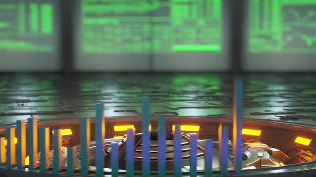 Abstract animation of holographic ICO text appearing in the middle of virtual reality room. Great clip for concepts about Initial Coin Offering and crypto currency.