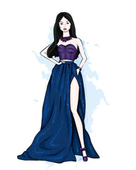 A tall, slender girl in a beautiful evening dress. Fashion & Style. Vector illustration.