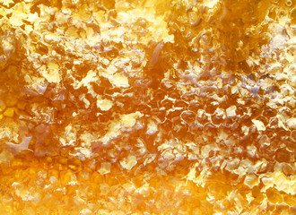 background of delicious Golden honeycomb with flowing sticky sweet bright and fragrant honey