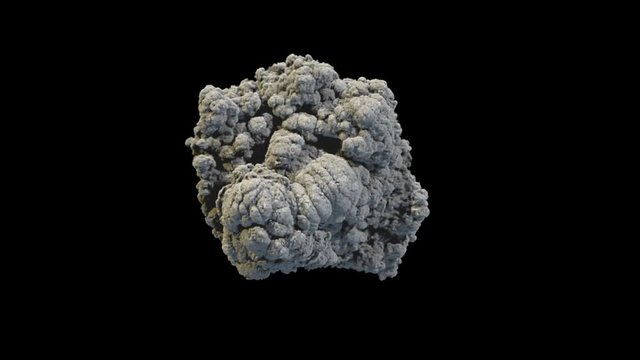 Eruption gray smoke of volcano towards to camera, with alpha mask