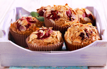 Raspberry low fat muffins with almond topping