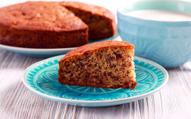 Banana cake, sliced on plate