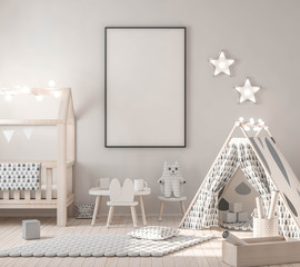 Frame mockup in child bedroom with toy and game wigwam 3d rendering