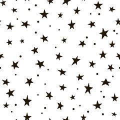 Seamless pattern with black stars and polka dots. Vector.