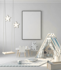 Canvas poster mockup in stylish modern child room with gme wigwam 3d rendering