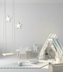 Wall mockup in stylish modern child room with gme wigwam 3d rendering © radmila85