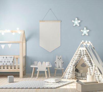 Modern child room with poster mock up on wall 3d rendering