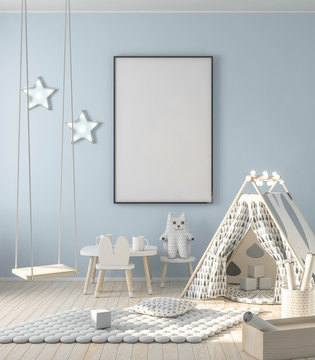 Frame on wall mockup in stylish modern child room with gme wigwam 3d rendering