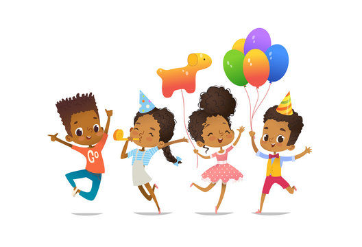 Group of African-American happy boys and girls with the balloons and birthday hats happily jumping with their hands up. Birthday party vector illustration for website banner, poster, flyer, invitation