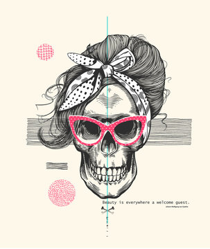 Women's skeleton skull in pop art style wearing cool sunglasses with fashionable hairstyle and scarf against abstract background. Vector illustration can be used as t-shirt print, poster, postcard etc