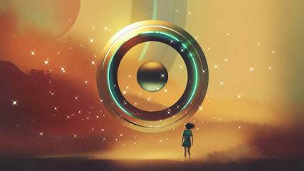 woman walking to the futuristic circle floating in the air, digital art style, illustration painting © grandfailure