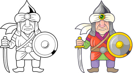 cartoon funny medieval warrior arab, coloring book