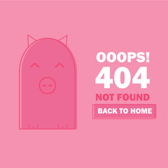 Error 404 with cute cartoon pig. Page not found template for web site message