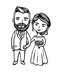 Wedding couple cards. Hipster groom with mustache, beard with bride. Doodle. Vector Illustration Hand drawn cartoon character. Wedding of Bearded man and beautiful woman.