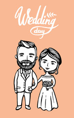 Fototapeta premium Wedding couple cards. Hipster groom with mustache, beard with bride. Doodle. Vector Illustration Hand drawn cartoon character. Wedding of Bearded man and beautiful woman.