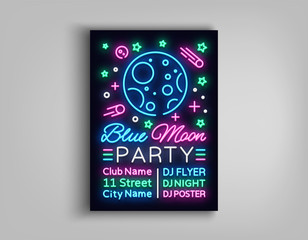 Night party poster design template in neon style. Blue moon night party neon sign, light banner, flyer bright nightlife advertisement, party invitation, nightclub, concert, disco. Vector illustration