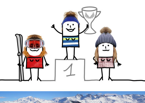 Cartoon Ski Champion Girl on Podium with Cup