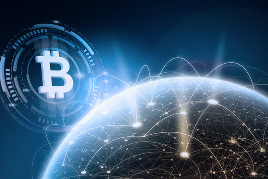 Global blockchain crypto currency digital encryption network concept. 3D rendering elements in collage