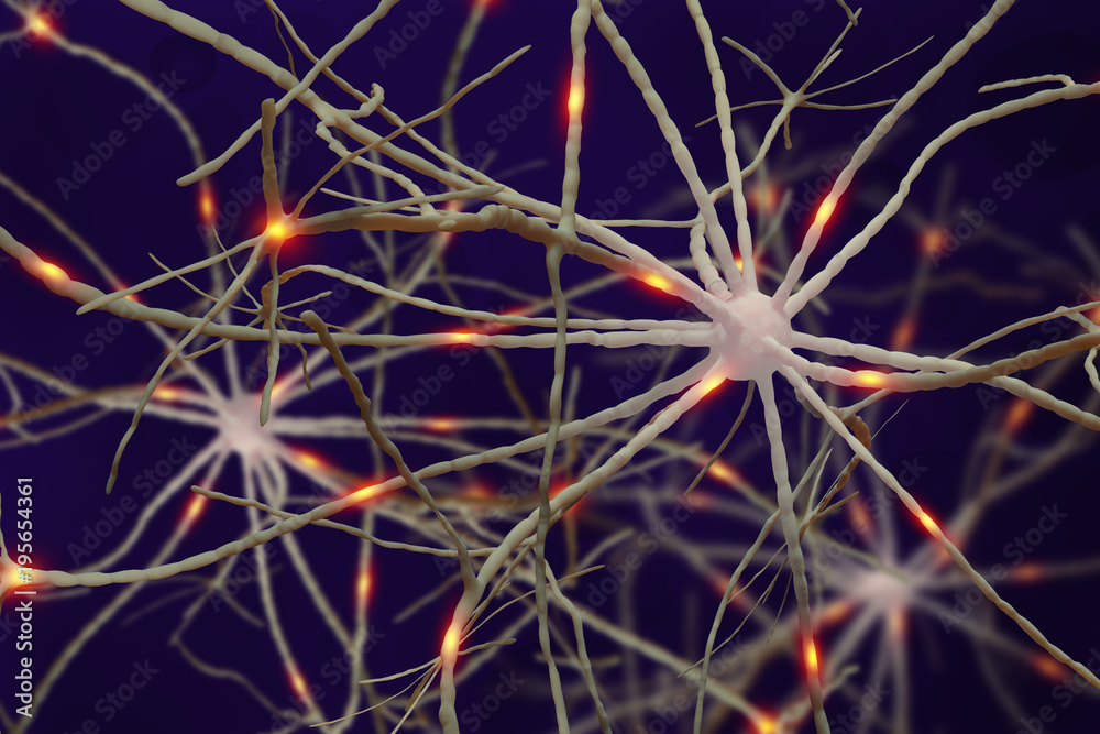 Poster neurons 3d illustration. electrical impulses in the neural networks of the human brain