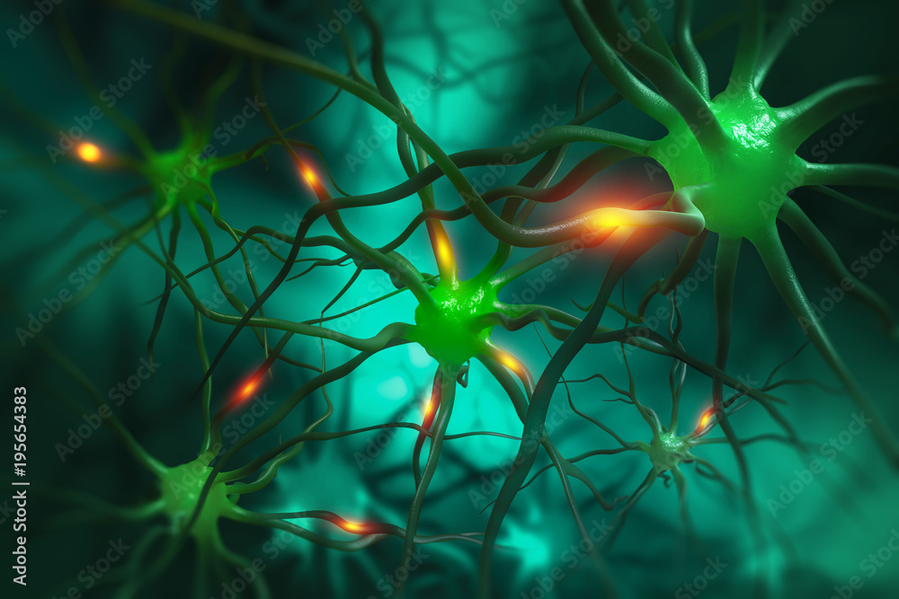 Poster neurons 3d illustration. electrical impulses in the neural networks of the human brain